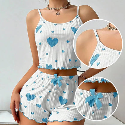 Cute Heart Print Pajama Romper – Women’s Sleeveless Summer Lounge Wear