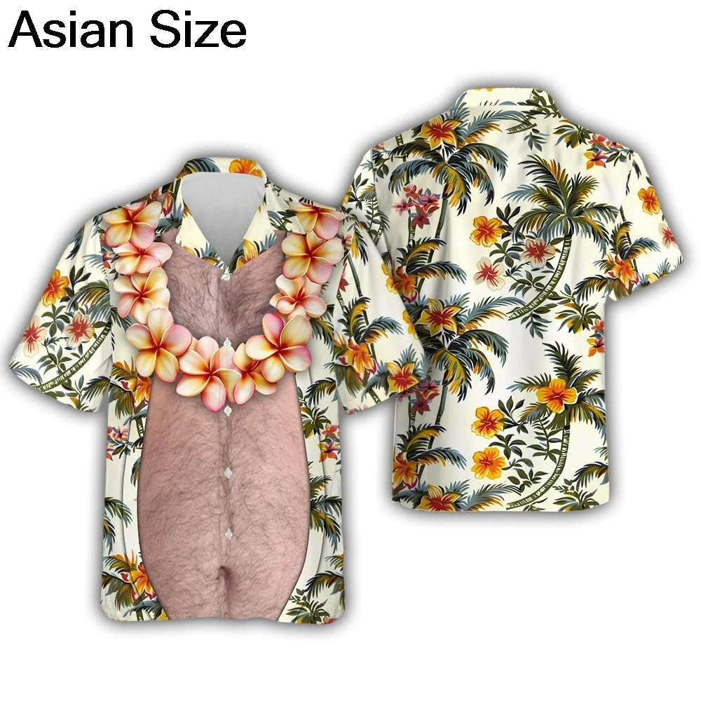 Funny Big Belly Hawaiian Shirt Y2K Tropical Vacation Button Down Top