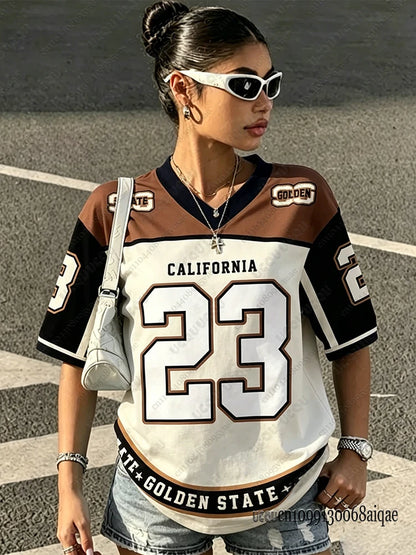 2026 Speed 23 Oversized Jersey T-Shirt Women Y2K Sport Style V-Neck Summer Streetwear Graphic Tee