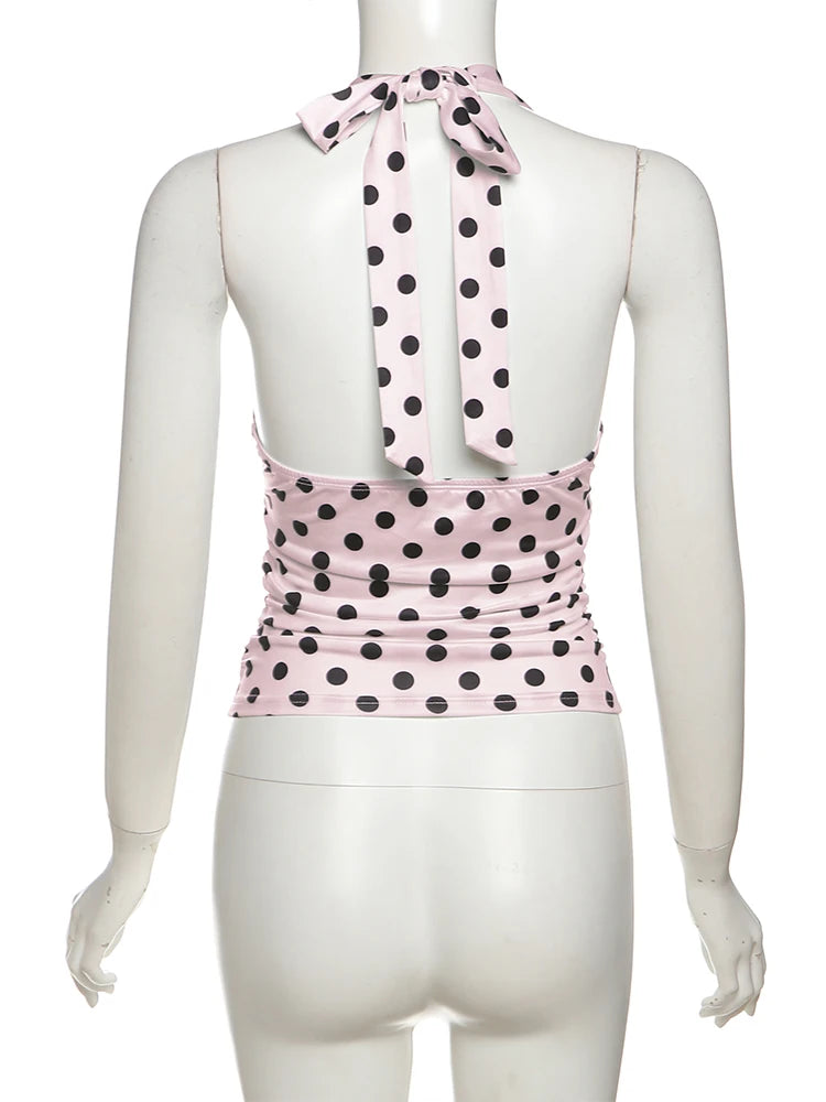 Polka Dots Tank Tops Women Sexy Low-Neck Off Shoulders Backless Street Fashion Versatile Style Ruched Elegant Outfits