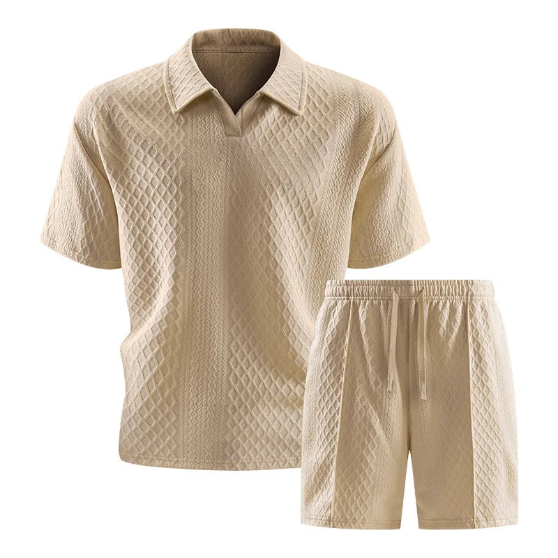 Men’s Textured Polo & Shorts Set – Luxury Casual Summer Two Piece Outfit