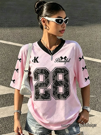 2026 Speed 23 Oversized Jersey T-Shirt Women Y2K Sport Style V-Neck Summer Streetwear Graphic Tee