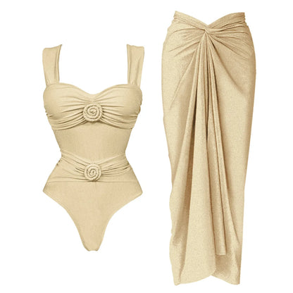 2026 White Flower One Piece Swimsuit Women Deep V Push Up Bandeau Beachwear