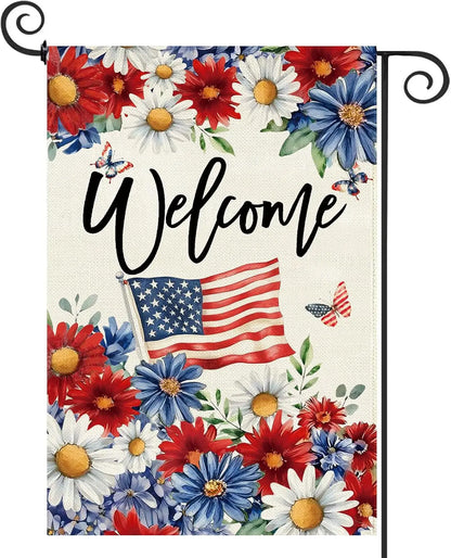 Patriotic Daisy Garden Flag Double Sided Burlap,4th of July Memorial Day Red and Blue Flower Welcom