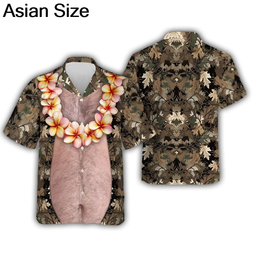 Funny Big Belly Hawaiian Shirt Y2K Tropical Vacation Button Down Top