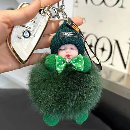 Cute Sleeping Baby Keychain – Fluffy Pom Pom Doll Bag Charm