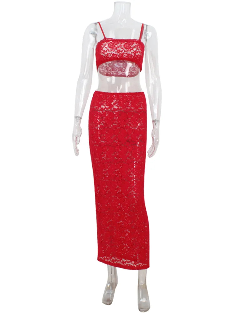 Sexy Red Two Piece Skirt Set, Strapless Tube Top & High Waisted Maxi Skirt, Women’s Summer Vacation Outfit, Elegant Bodycon Set