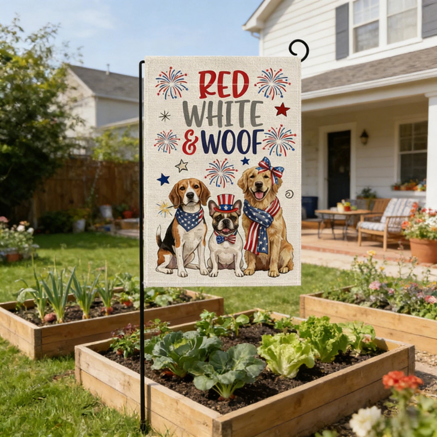 4th of July Yard Flags Red White and Blue Flower Dog Patriotic Garden Flag for Lawn Outdoor Holiday Decorations
