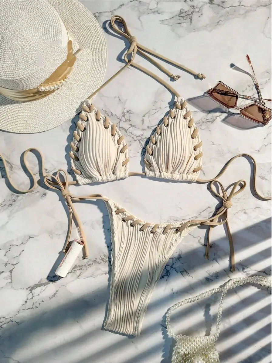 Sexy Ribbed String Bikini Set – Women’s Triangle Tie Side Swimsuit, Minimalist Beach Swimwear for Summer Vacation