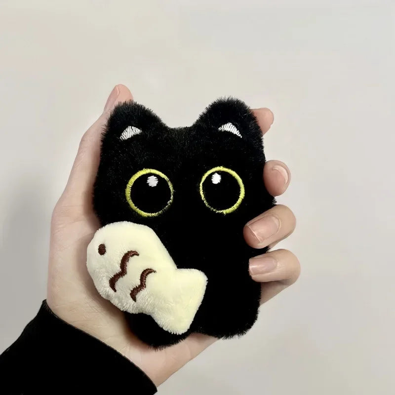 Cute Black Cat Plush Keychain – Kawaii Cartoon Bag Charm with Fish Toy