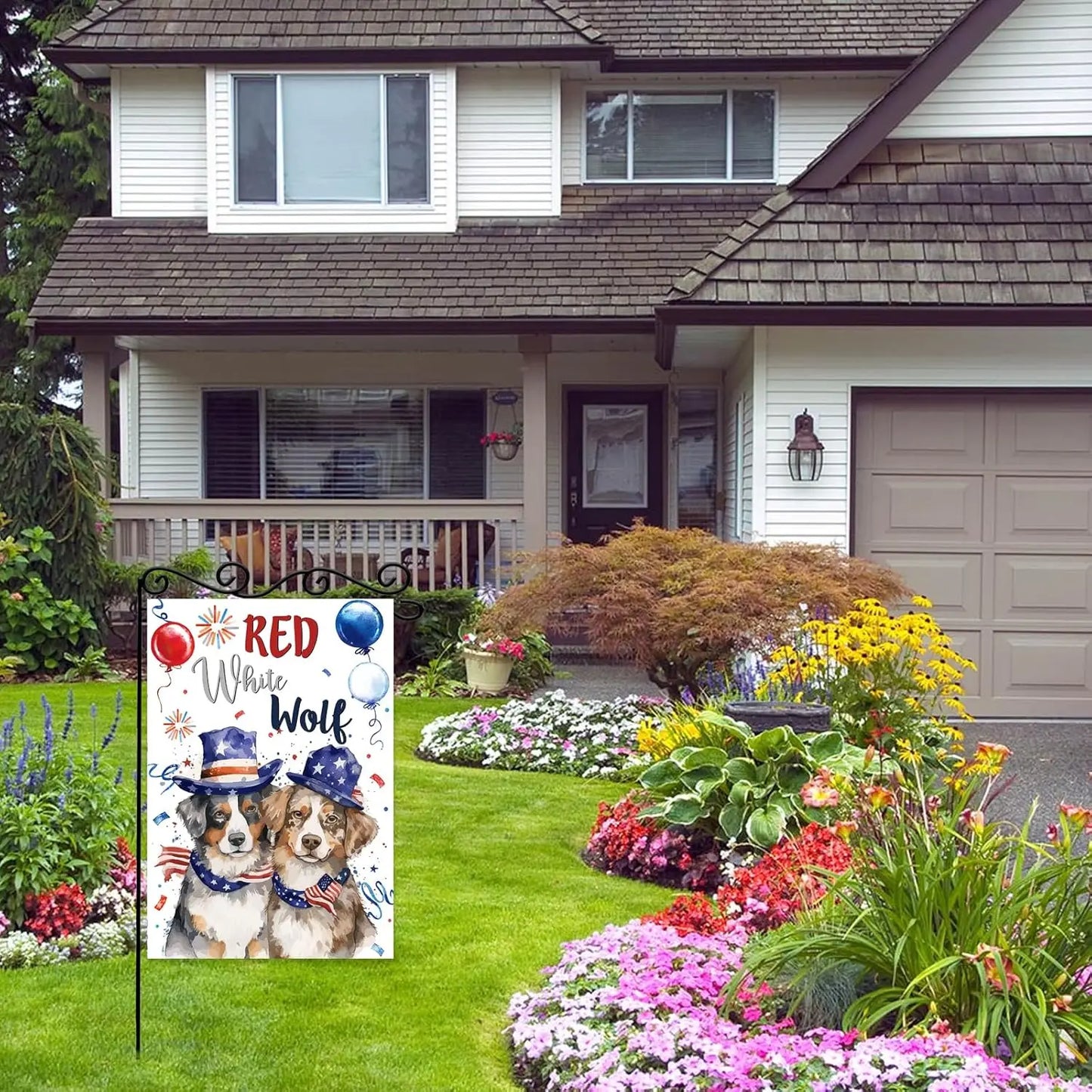 Red White Wolf Garden Flag,4th of July Dog Welcome Door Sign,Welcome Patriotic Memorial Day Independence Day
