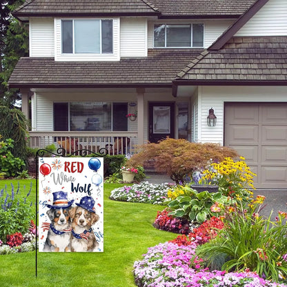 Red White Wolf Garden Flag,4th of July Dog Welcome Door Sign,Welcome Patriotic Memorial Day Independence Day