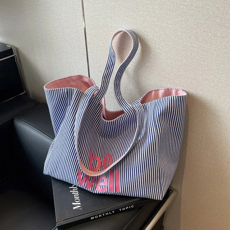 Striped Canvas Tote Bag – Cute Large Capacity Shoulder Bag for Women