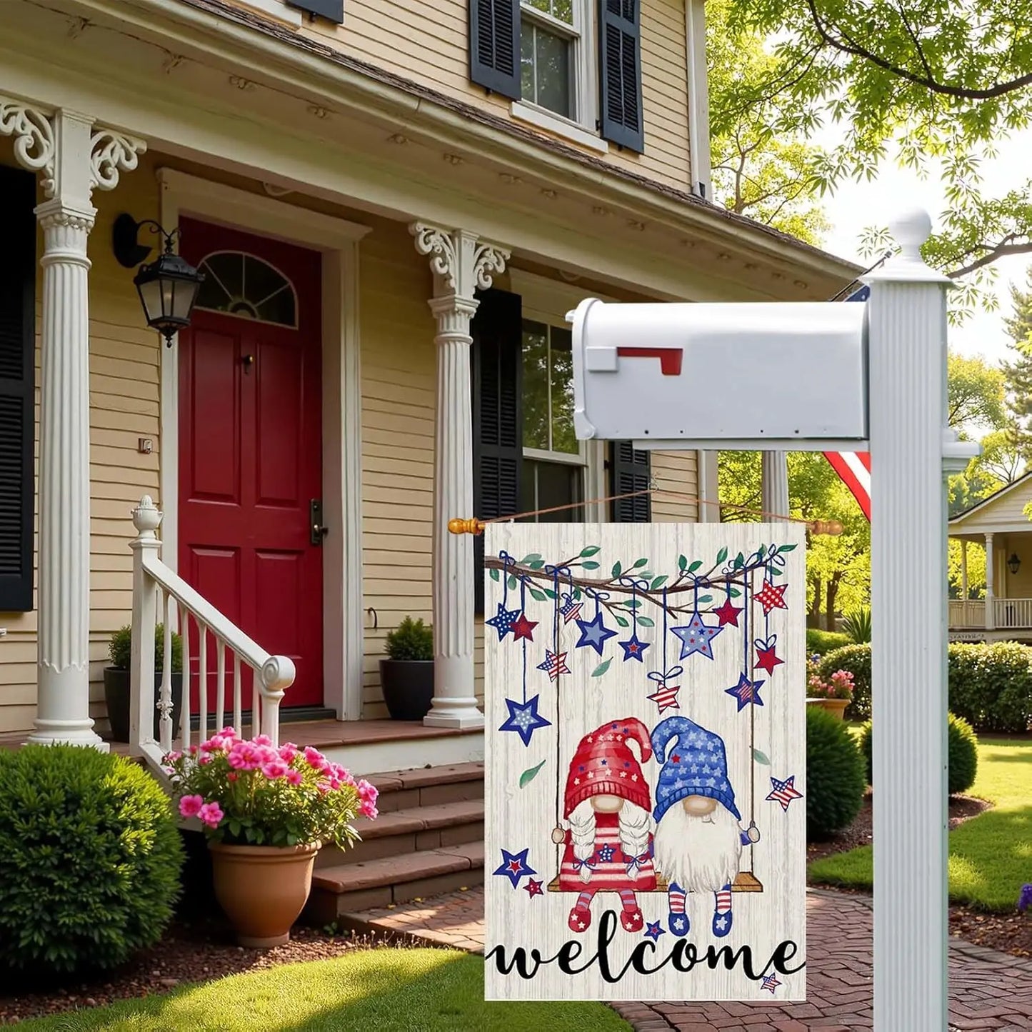 Welcome Tree Swing Gnomes Stars Patriotic America 4th of July Memorial Day Independence Day Garden Flag