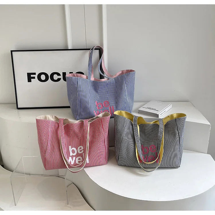 Striped Canvas Tote Bag – Cute Large Capacity Shoulder Bag for Women