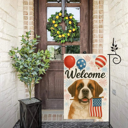 4th of July Patriotic Garden Flag Welcome Funny Saint Bernard Dog Independence Memorial Day Yard Flags for Outside