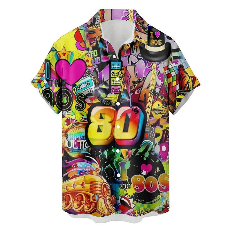 Retro 80s 90s Hawaiian Shirt Men 3D Print Y2K Summer Button Up Top