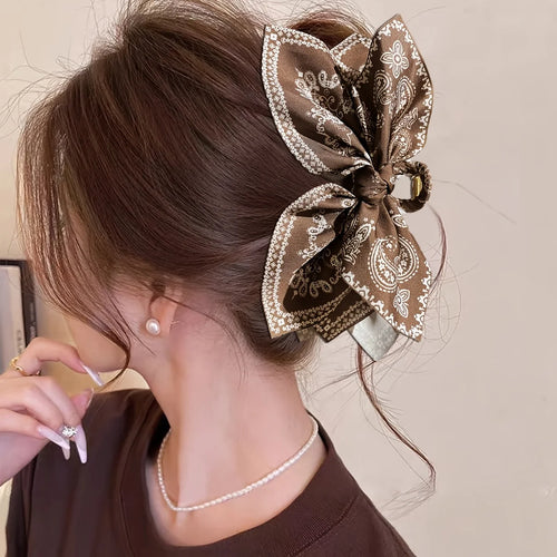 Vintage Lace Bow Hair Claw Clip – Elegant Floral Ribbon Updo Clip for Women