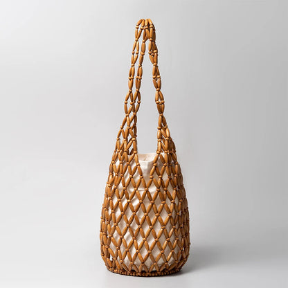 Woven Net Tote Bag with Wooden Beads | Summer Boho Beach Handbag