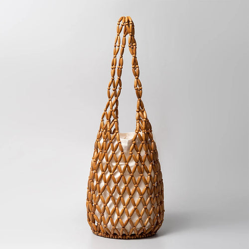 Woven Net Tote Bag with Wooden Beads | Summer Boho Beach Handbag