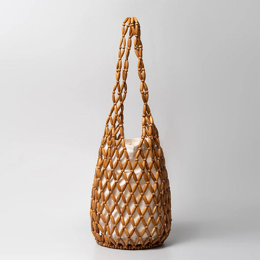 Woven Net Tote Bag with Wooden Beads | Summer Boho Beach Handbag