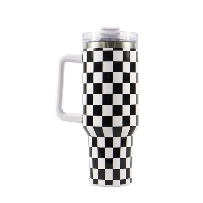 40oz Checkered Stainless Steel Tumbler with Handle Insulated Travel Mug