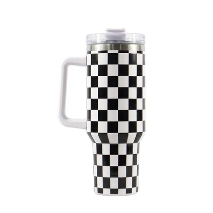 40oz Checkered Stainless Steel Tumbler with Handle Insulated Travel Mug