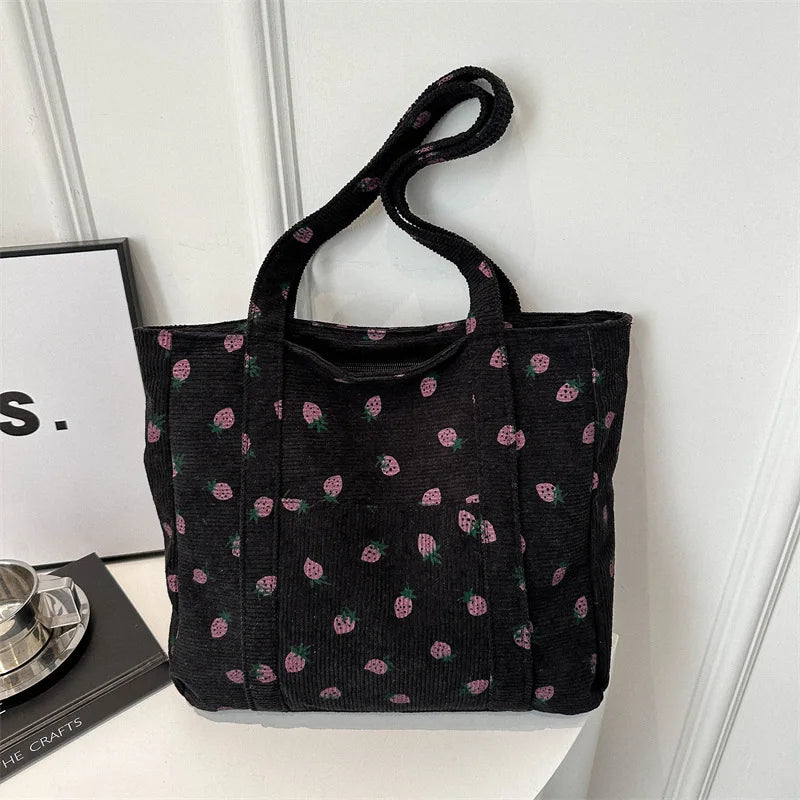 Cherry Print Canvas Tote Bag – Cute Aesthetic Shoulder Handbag for Women