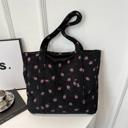 Cherry Print Canvas Tote Bag – Cute Aesthetic Shoulder Handbag for Women