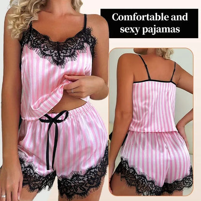 Sexy Satin Lace Pajama Set – Women’s Sleeveless Cami Sleepwear