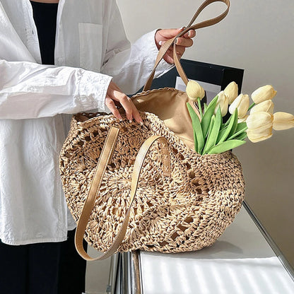 Boho Round Straw Tote Bag – Handmade Crochet Shoulder Beach Bag for Women