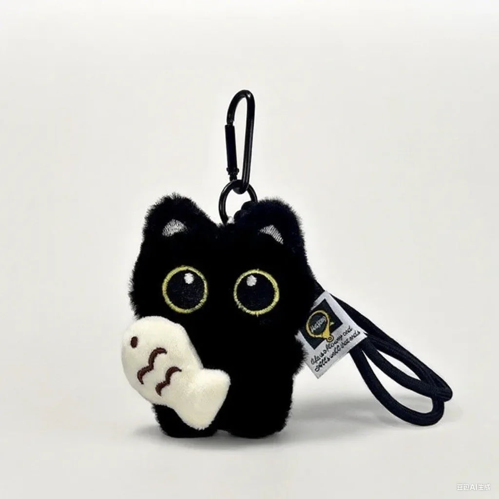 Cute Black Cat Plush Keychain – Kawaii Cartoon Bag Charm with Fish Toy