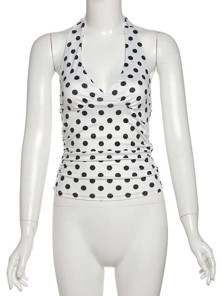Polka Dots Tank Tops Women Sexy Low-Neck Off Shoulders Backless Street Fashion Versatile Style Ruched Elegant Outfits