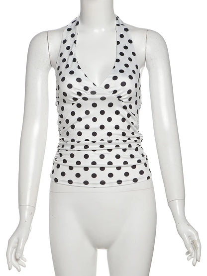 Polka Dots Tank Tops Women Sexy Low-Neck Off Shoulders Backless Street Fashion Versatile Style Ruched Elegant Outfits