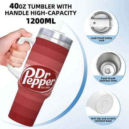 Dr Pepper Inspired Striped Tumbler – 40oz Stainless Steel Travel Mug with Handle