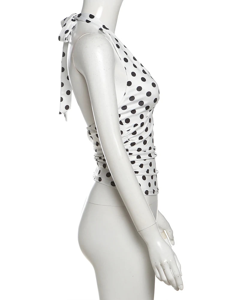 Polka Dots Tank Tops Women Sexy Low-Neck Off Shoulders Backless Street Fashion Versatile Style Ruched Elegant Outfits