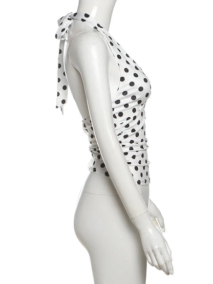 Polka Dots Tank Tops Women Sexy Low-Neck Off Shoulders Backless Street Fashion Versatile Style Ruched Elegant Outfits