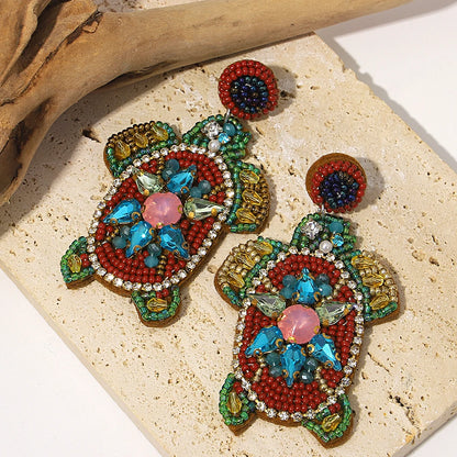 Boho Beach Statement Earrings – Handmade Beaded Starfish Seahorse Shell Drop Earrings for Women