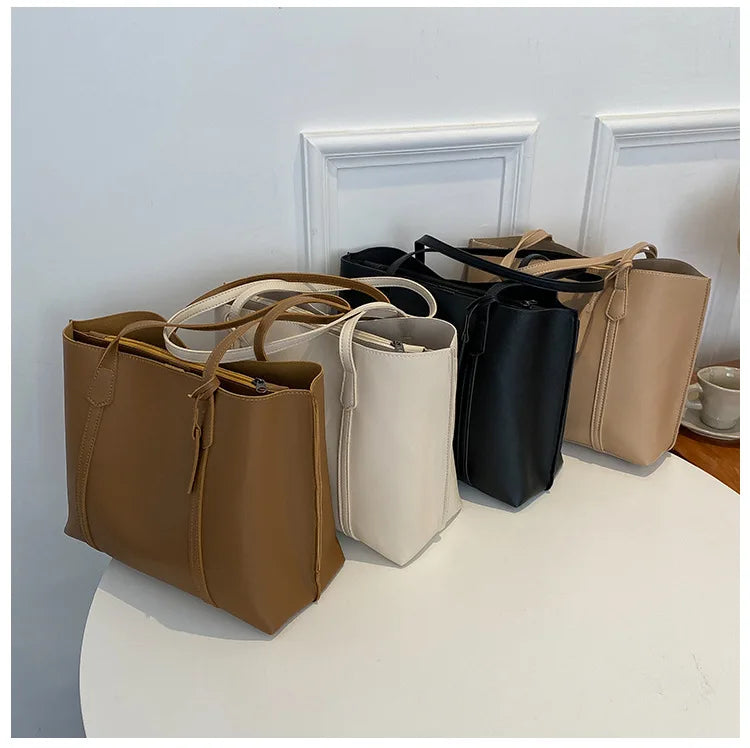 Minimalist Leather Tote Bag – Large Capacity Shoulder Handbag for Women
