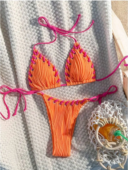 Sexy Ribbed String Bikini Set – Women’s Triangle Tie Side Swimsuit, Minimalist Beach Swimwear for Summer Vacation
