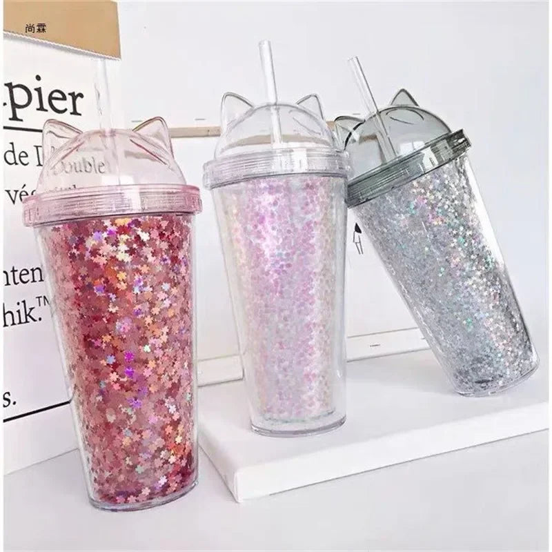 Cute Cat Ear Glitter Straw Cup Creative Plastic Water Bottle for Girls