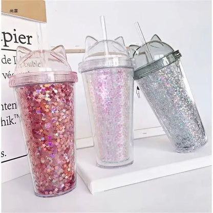 Cute Cat Ear Glitter Straw Cup Creative Plastic Water Bottle for Girls