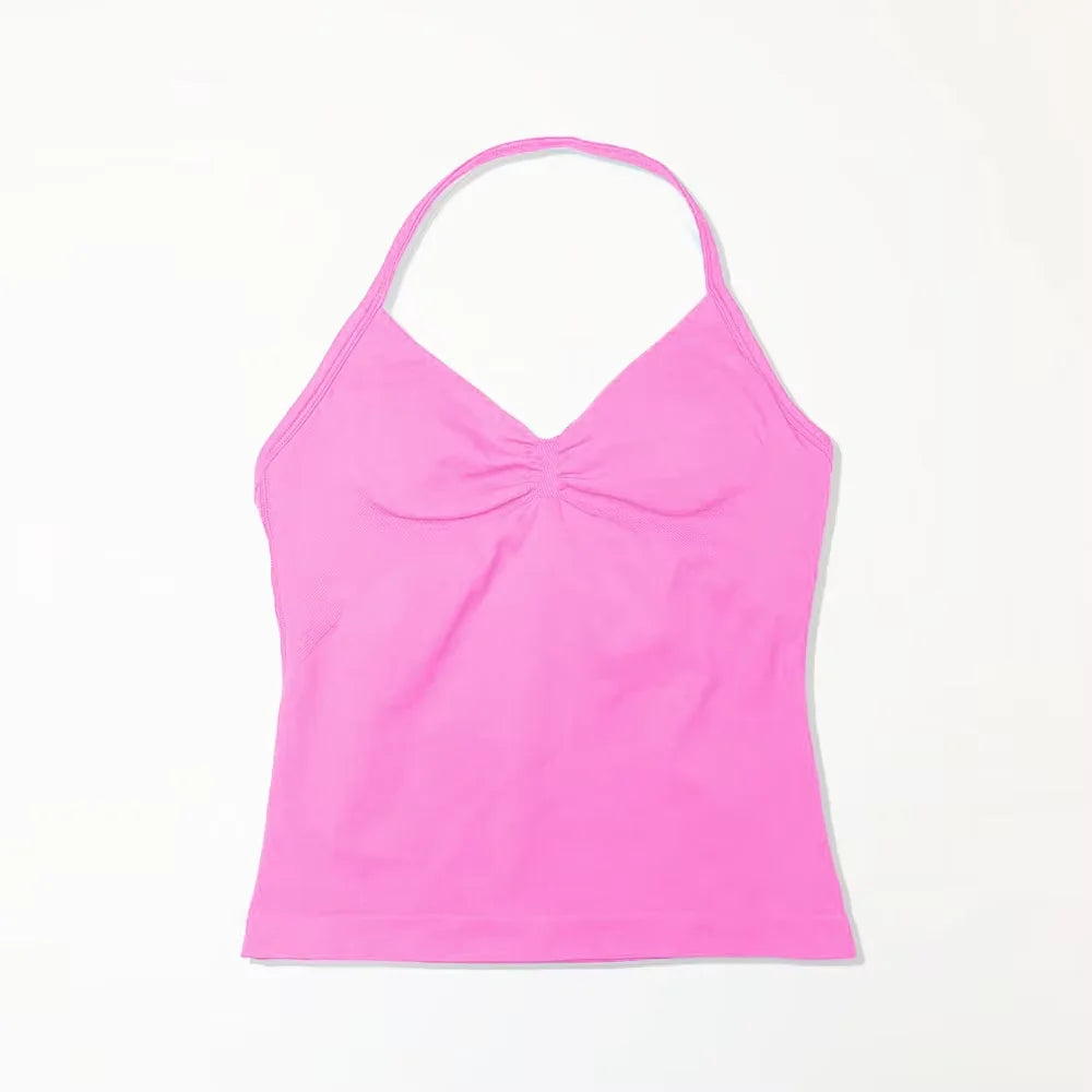 Pink Halter Neck Ruched Active Tank Top