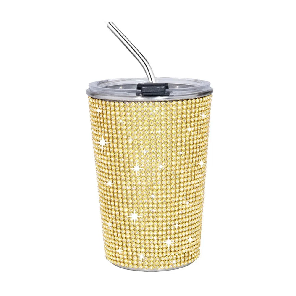500ml Rhinestone Stainless Steel Water Bottle with Straw Luxury Sparkling Cup