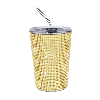 500ml Rhinestone Stainless Steel Water Bottle with Straw Luxury Sparkling Cup