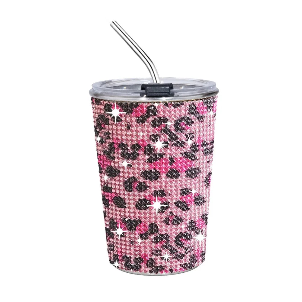 500ml Rhinestone Stainless Steel Water Bottle with Straw Luxury Sparkling Cup