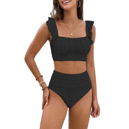 Floral Ruffle High Waisted Bikini Set Women Tummy Control Modest Swimwear
