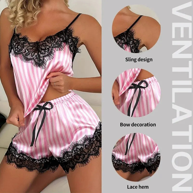 Sexy Satin Lace Pajama Set – Women’s Sleeveless Cami Sleepwear