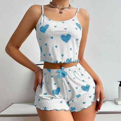 Cute Heart Print Pajama Romper – Women’s Sleeveless Summer Lounge Wear