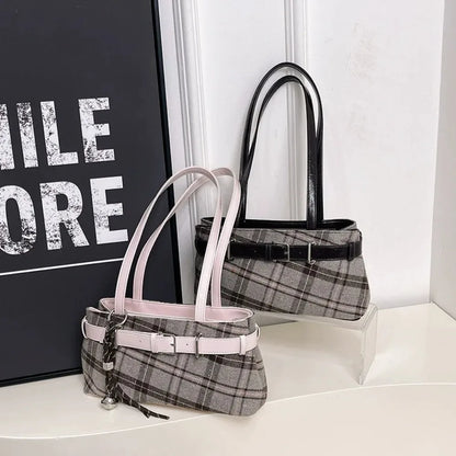 Plaid Shoulder Handbag – Cute Vintage Y2K Tote Purse for Women
